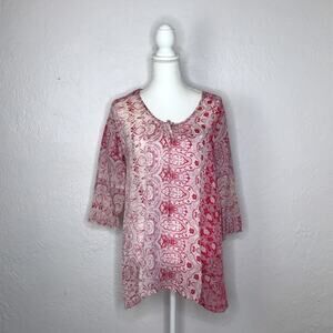 Johnny Was Women's Sheer Red Pink Paisley Popover Tunic Blouse Size Small